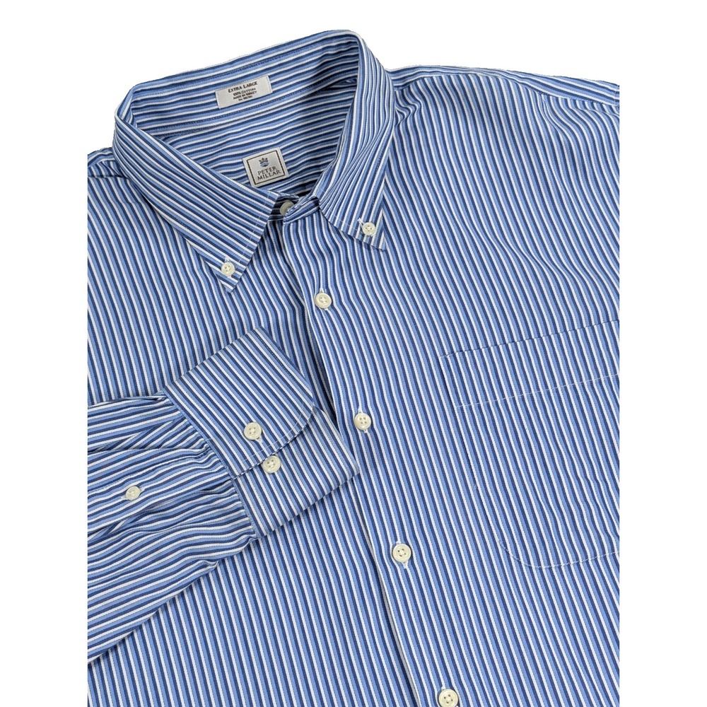 Peter Millar Shirt Men's XL Blue White Stripe Cotton Button Down Made Turkey